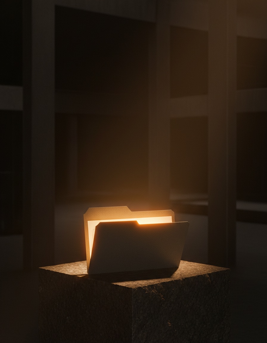 Uma pasta aberta sobre um pedestal, com luz saindo de dentro