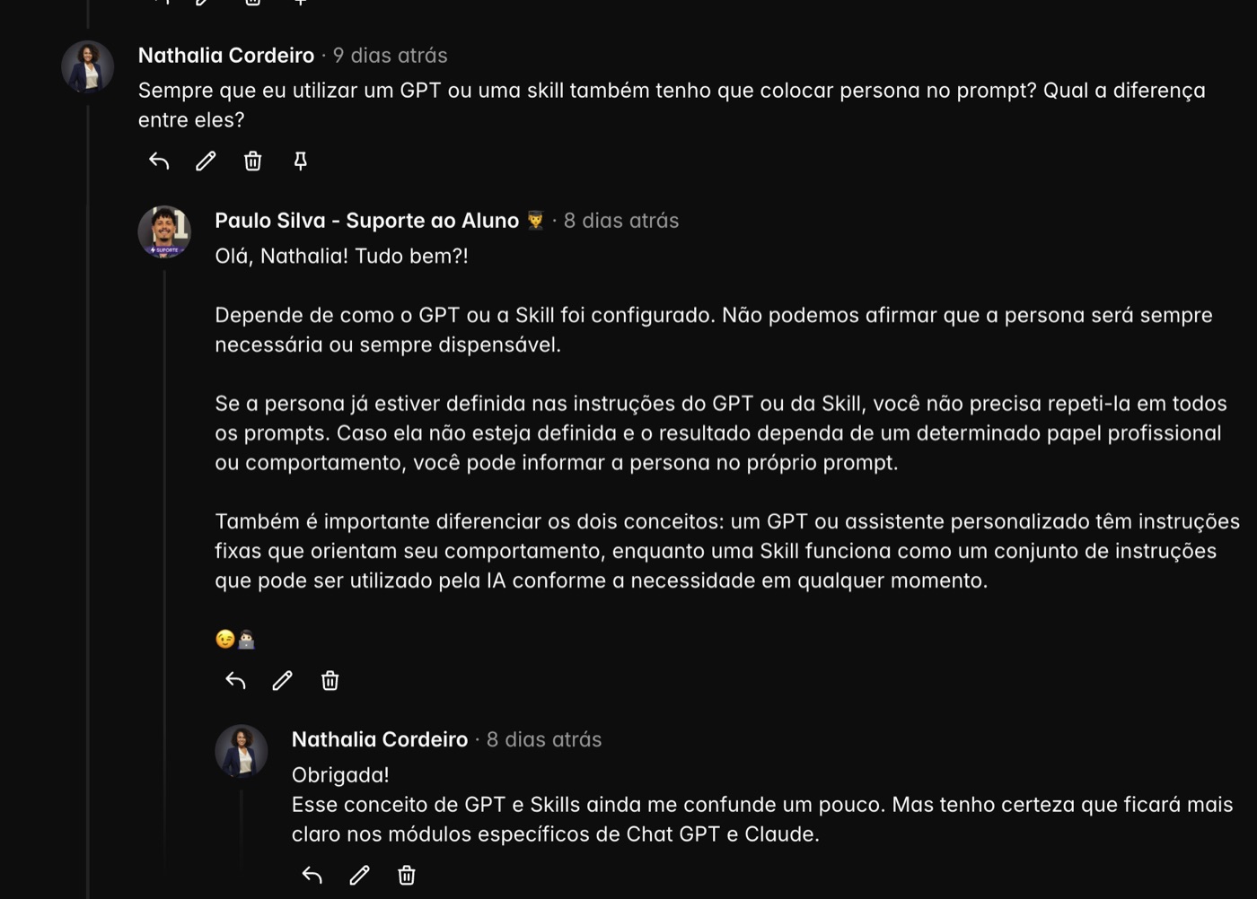 Pergunta de uma aluna respondida pelo suporte ao aluno dentro da aula